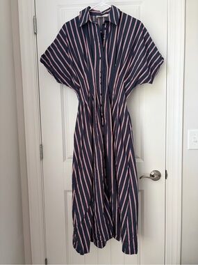 Women's Navy and Red Striped Button-Front Shirt Dress- Exquise Anthropologie